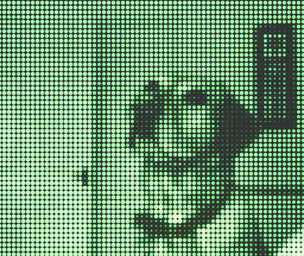 A photo of a dog looking up and into the corner of the room made out of green dots